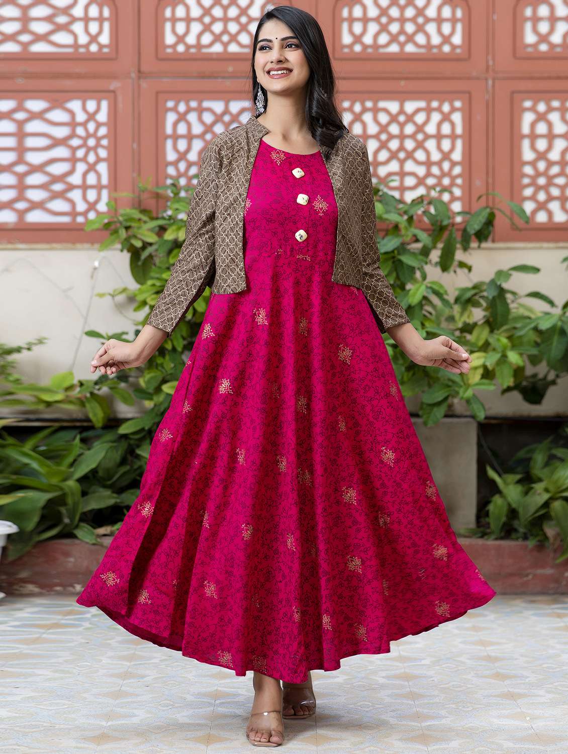 women three quarter sleeve kurta with jacket ethnic dress - 21954461 -  Standard Image - 1