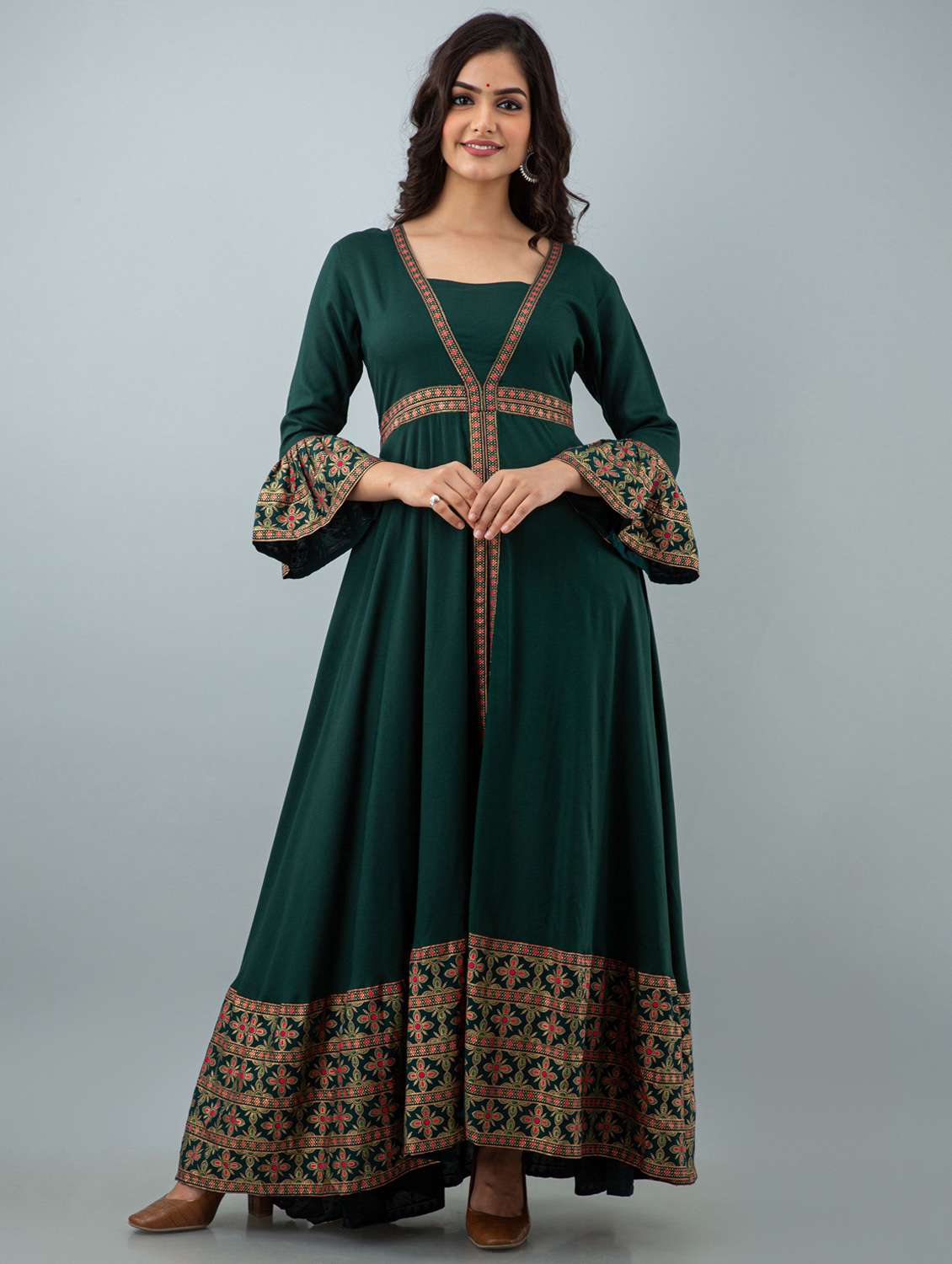 women three quarter sleeve flared ethnic dress - 21954464 -  Standard Image - 1