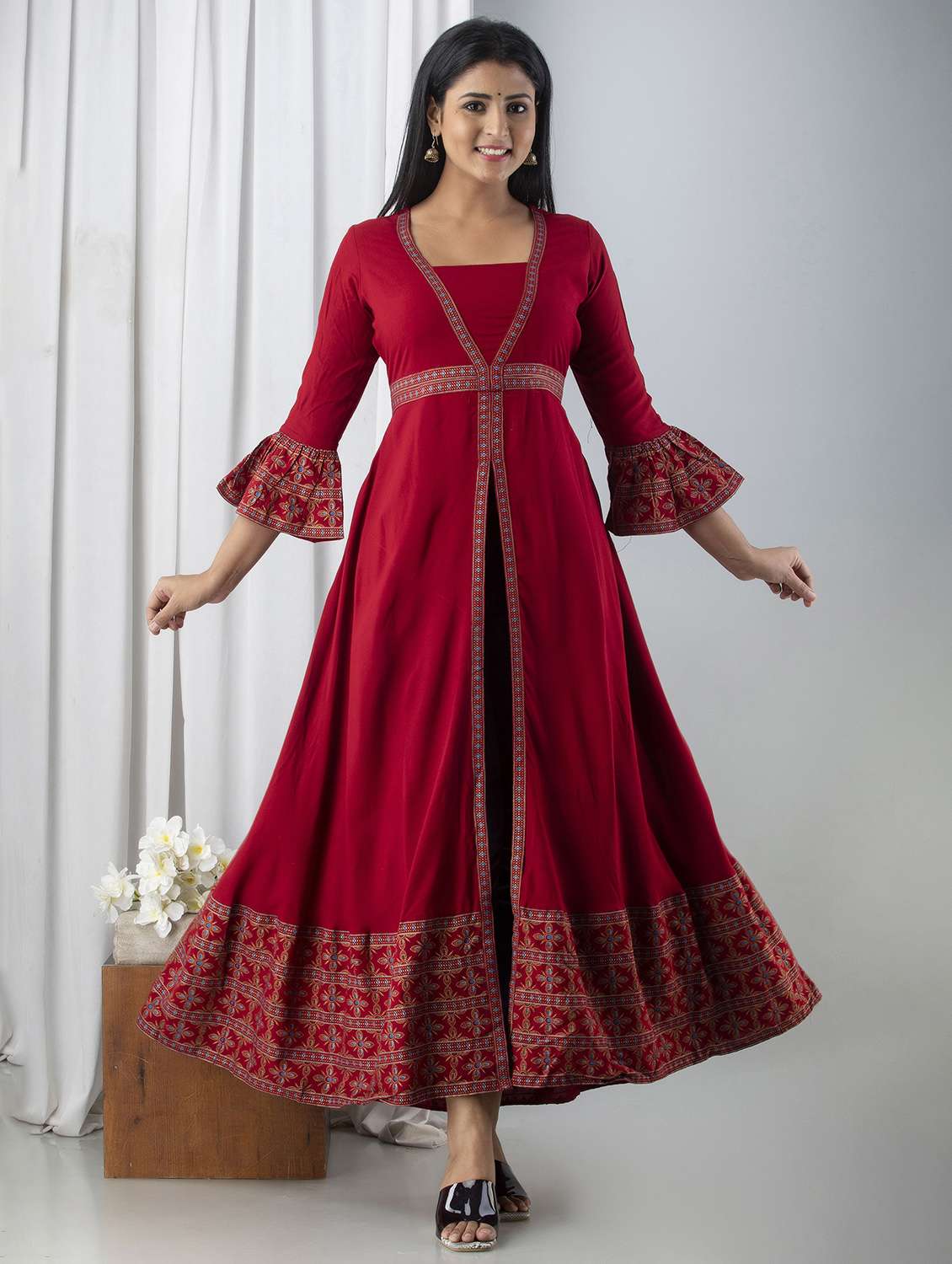 women three quarter sleeve flared ethnic dress - 21954465 -  Standard Image - 1