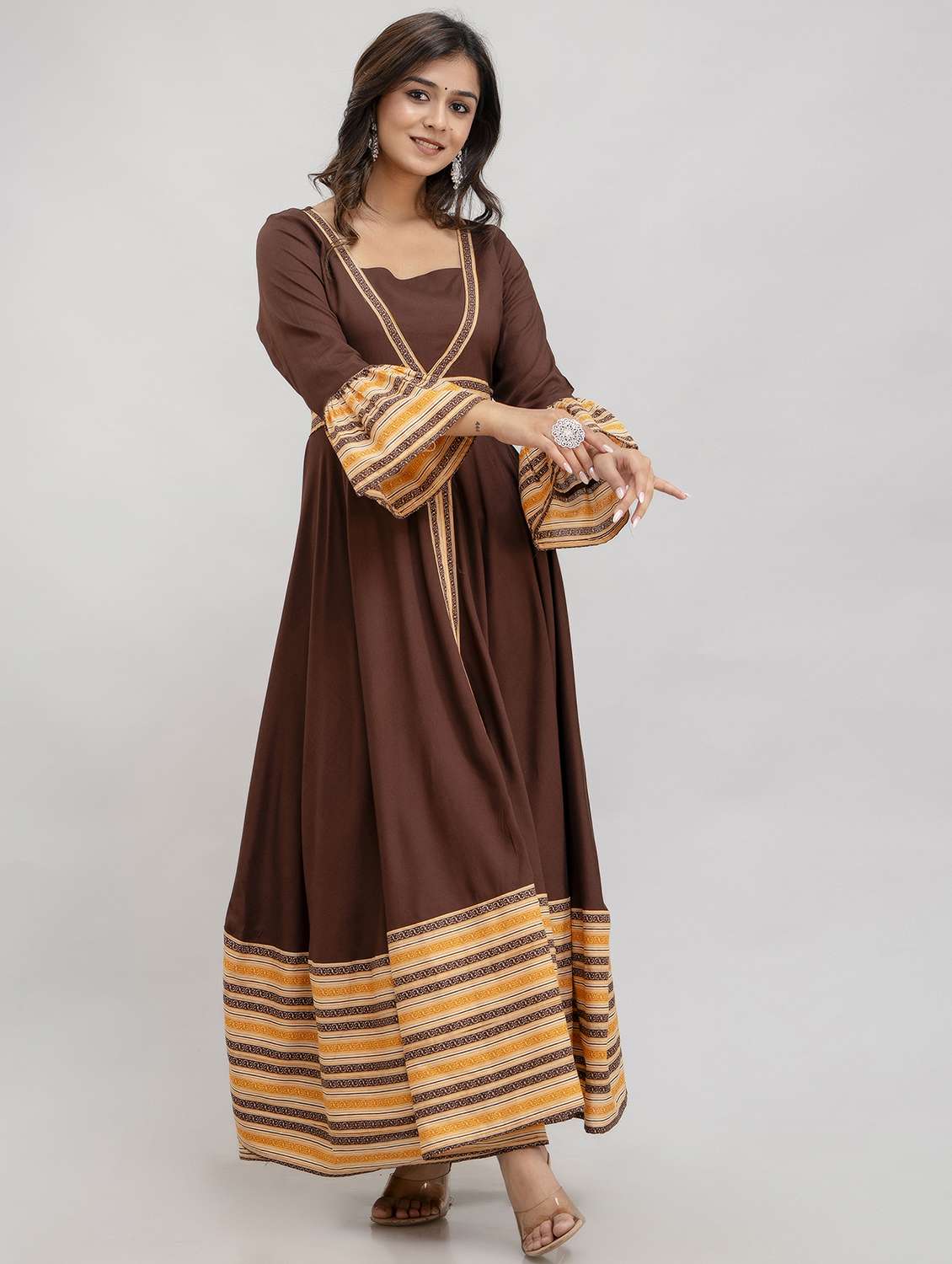 women three quarter sleeve flared ethnic dress - 21954466 -  Standard Image - 1