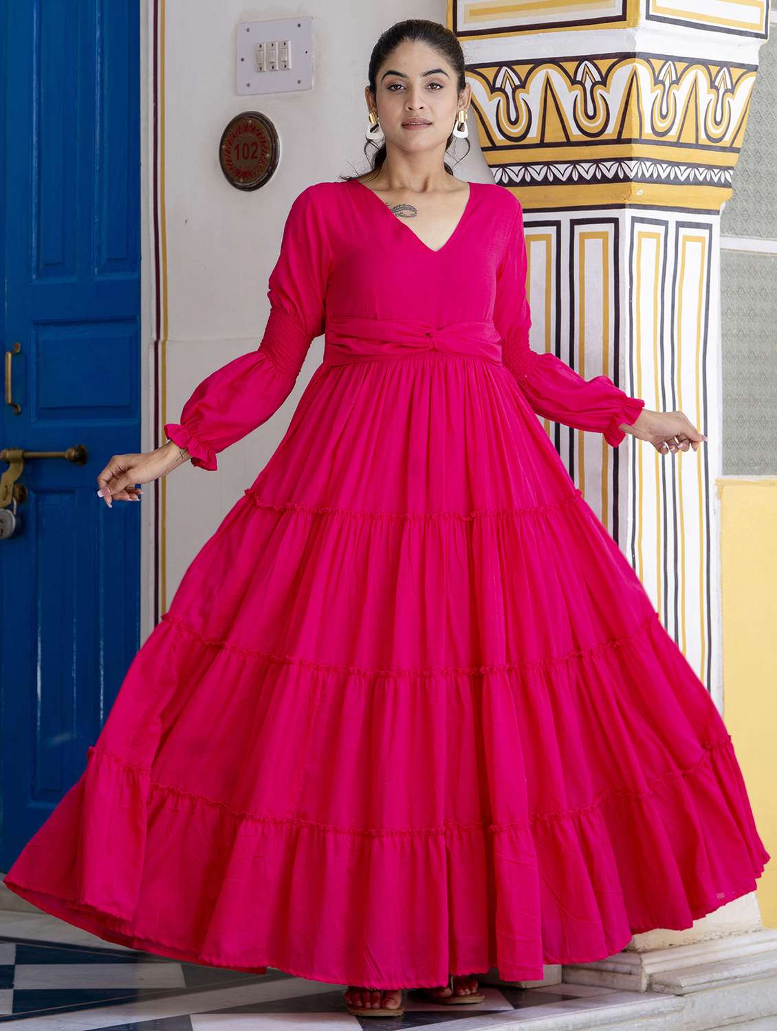 women pink solid long sleeve tiered dress - 21954469 -  Standard Image - 1