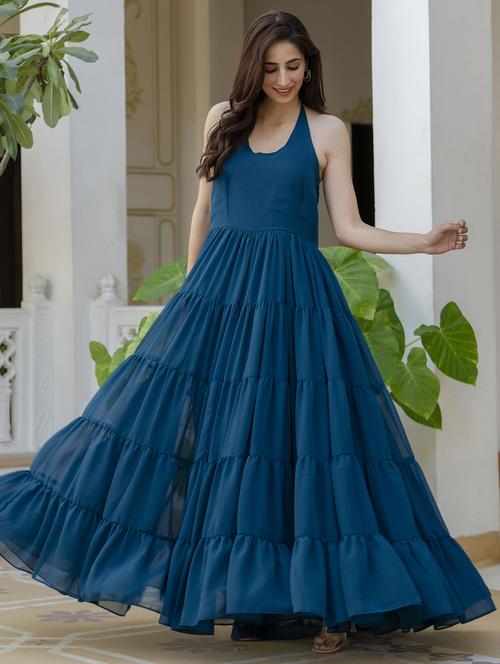 women teal solid halter neck tiered dress - 21954471 - Standard Image - 0