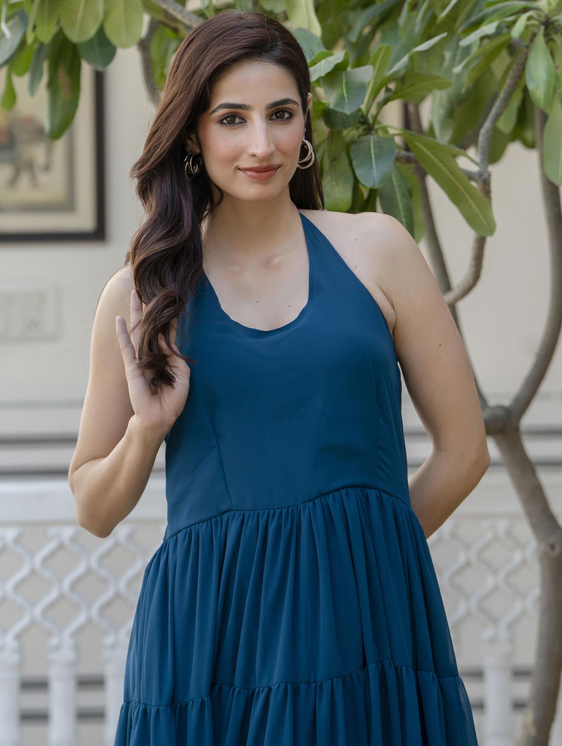 women teal solid halter neck tiered dress - 21954471 - Standard Image - 4