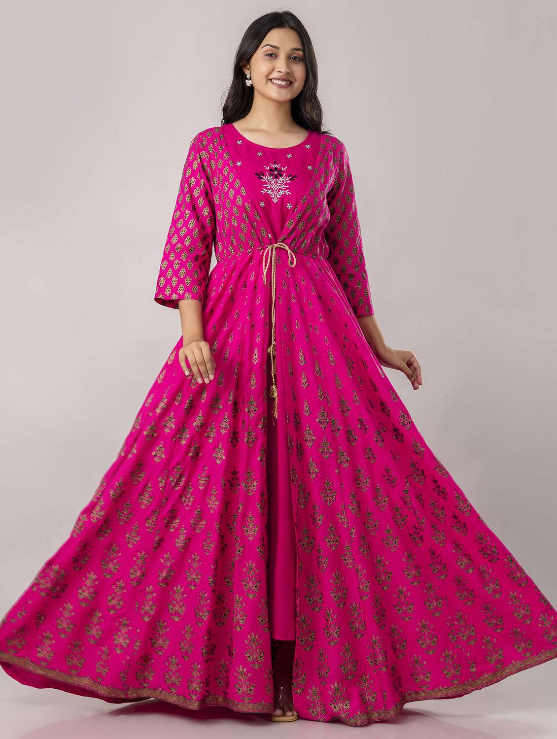 women three quarter sleeve flared ethnic dress - 21954473 - Standard Image - 1