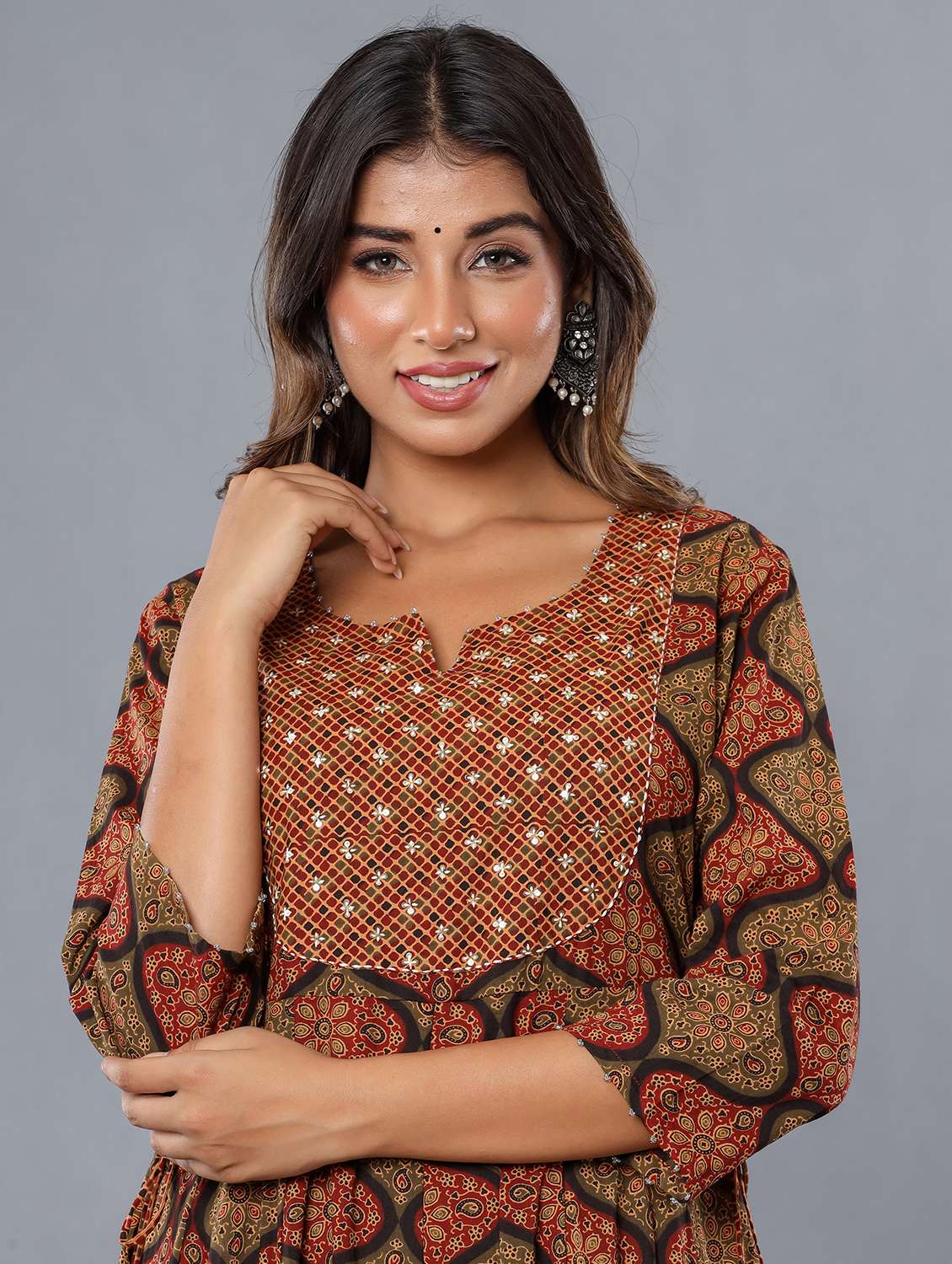 women three quarter sleeve tiered ethnic dress - 21954475 - Standard Image - 4