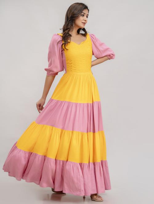 women yellow & pink color block puff sleeve tiered dress - 21954476 -  Standard Image - 0