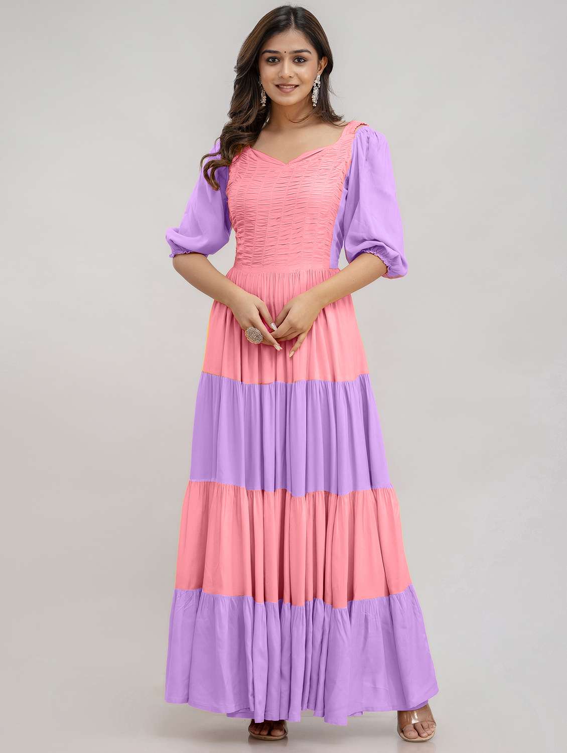 women pink & lavender color block puff sleeve tiered dress