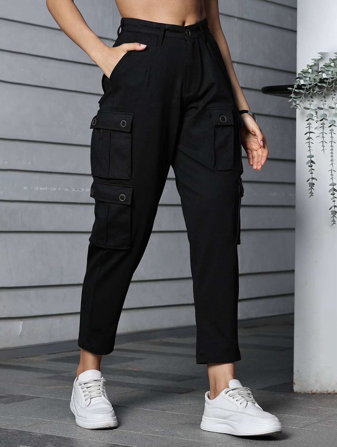 women black solid regular fit cargo - 21954483 -  Standard Image - 1
