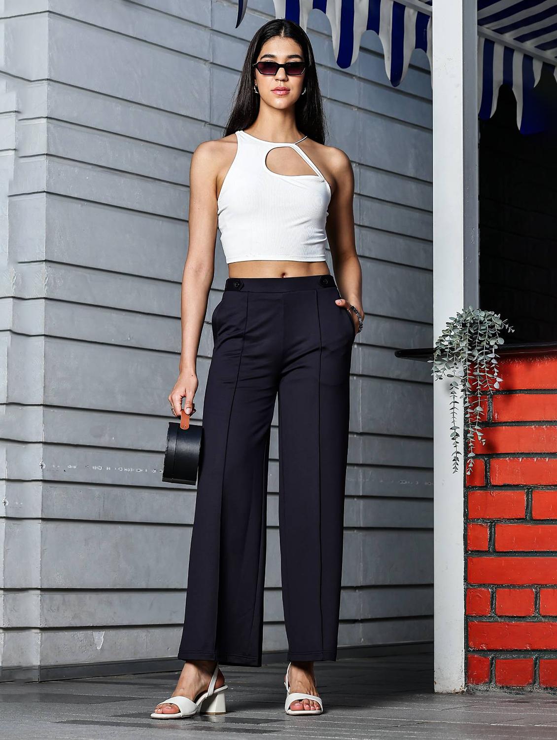 women solid high rise wide leg trouser - 21954485 - Standard Image - 4
