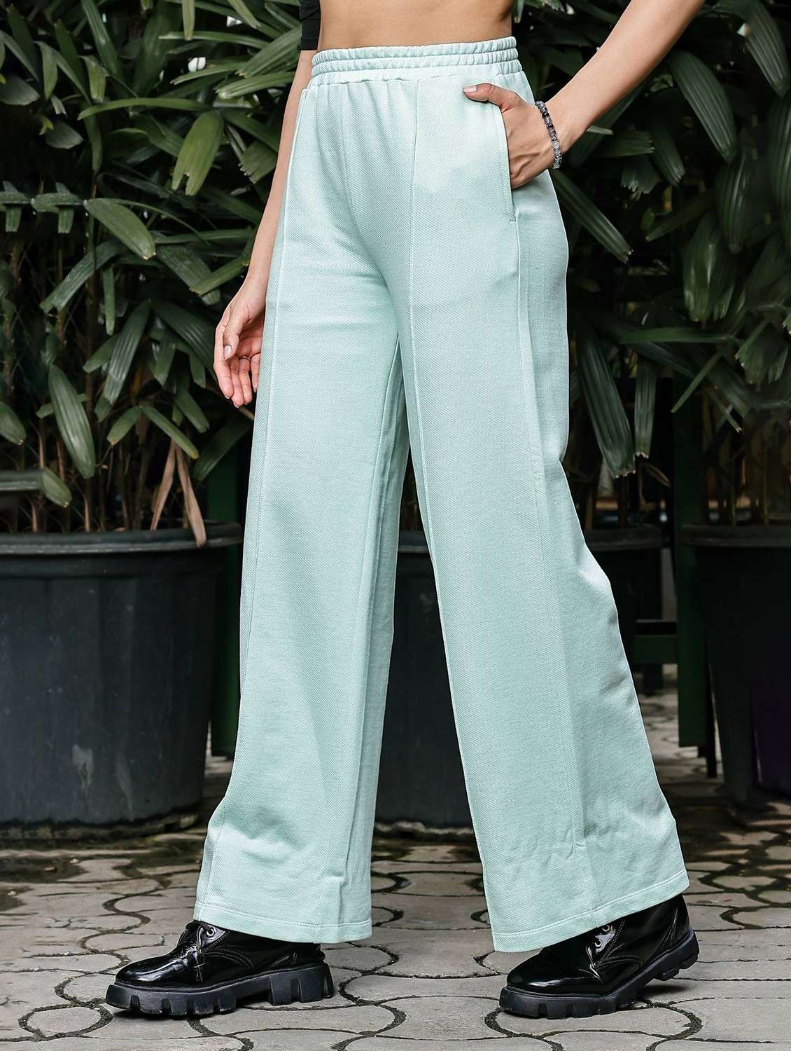 women solid high rise wide leg trouser - 21954494 - Standard Image - 1