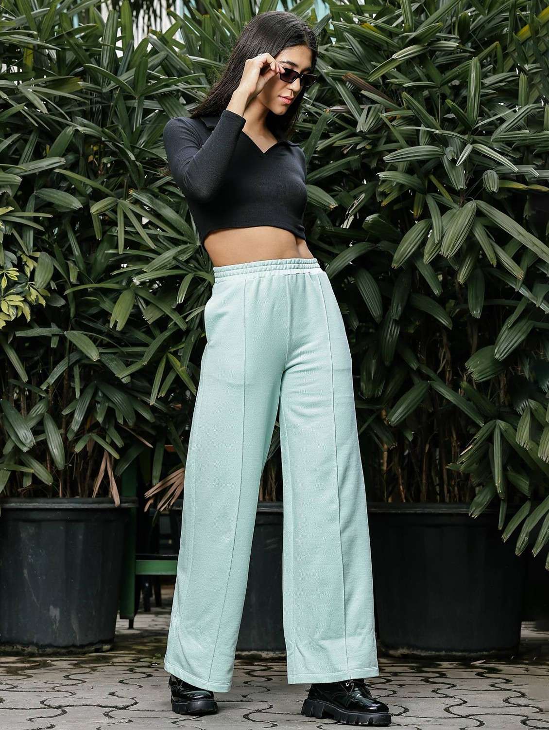 women solid high rise wide leg trouser - 21954494 - Standard Image - 6