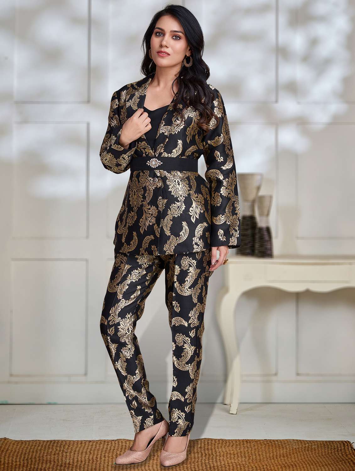women brocade blazer and trouser co-ord set - 21954599 -  Standard Image - 1