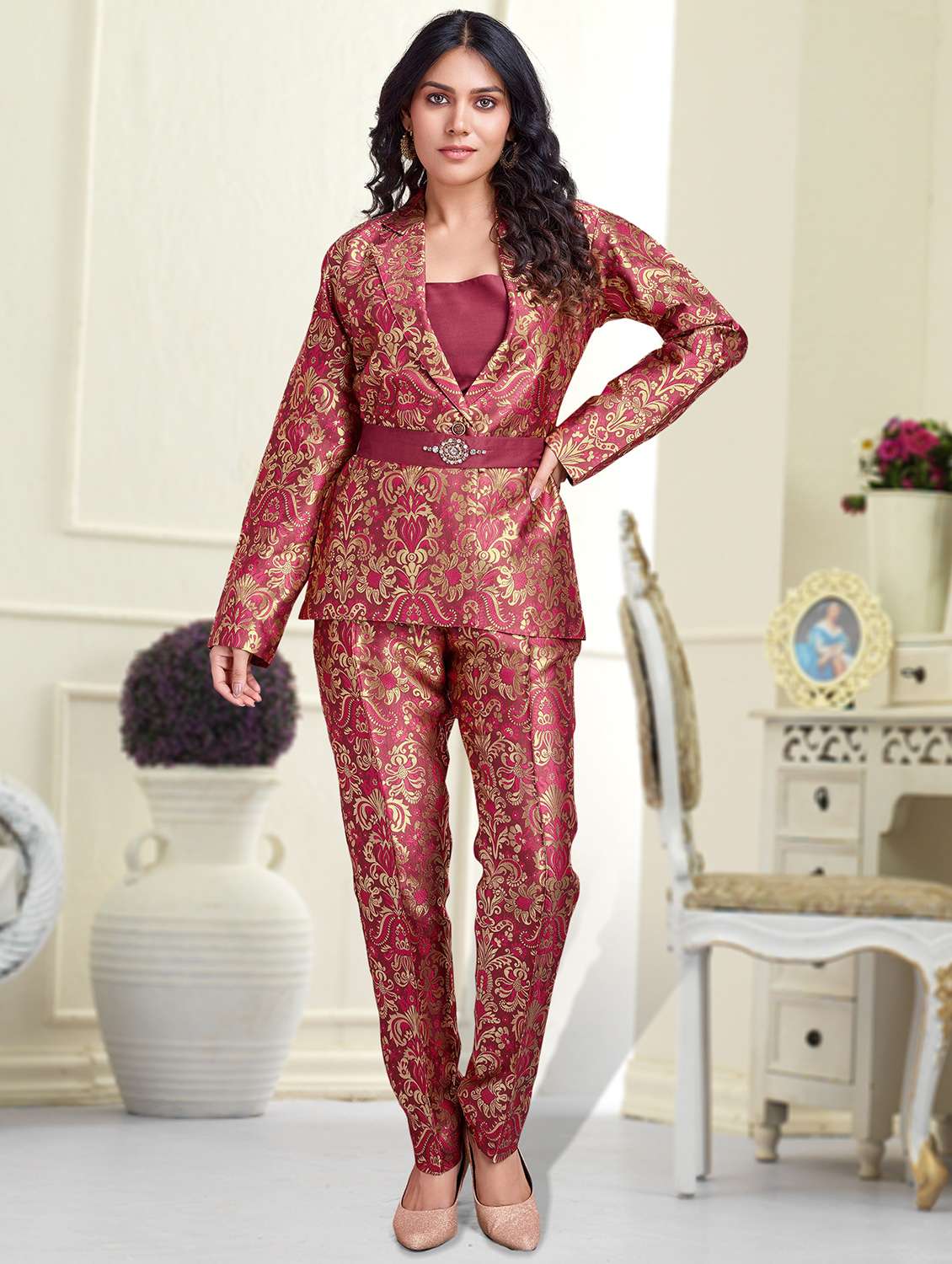 women brocade blazer and trouser co-ord set - 21954600 -  Standard Image - 1