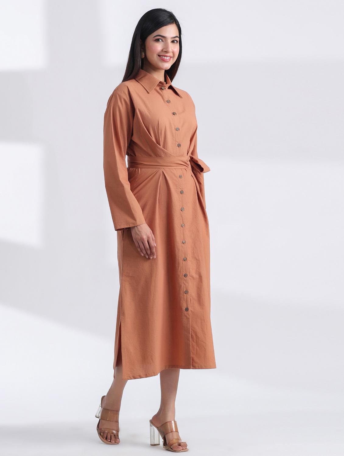 women solid long sleeve shirt dress - 21954637 - Standard Image - 1