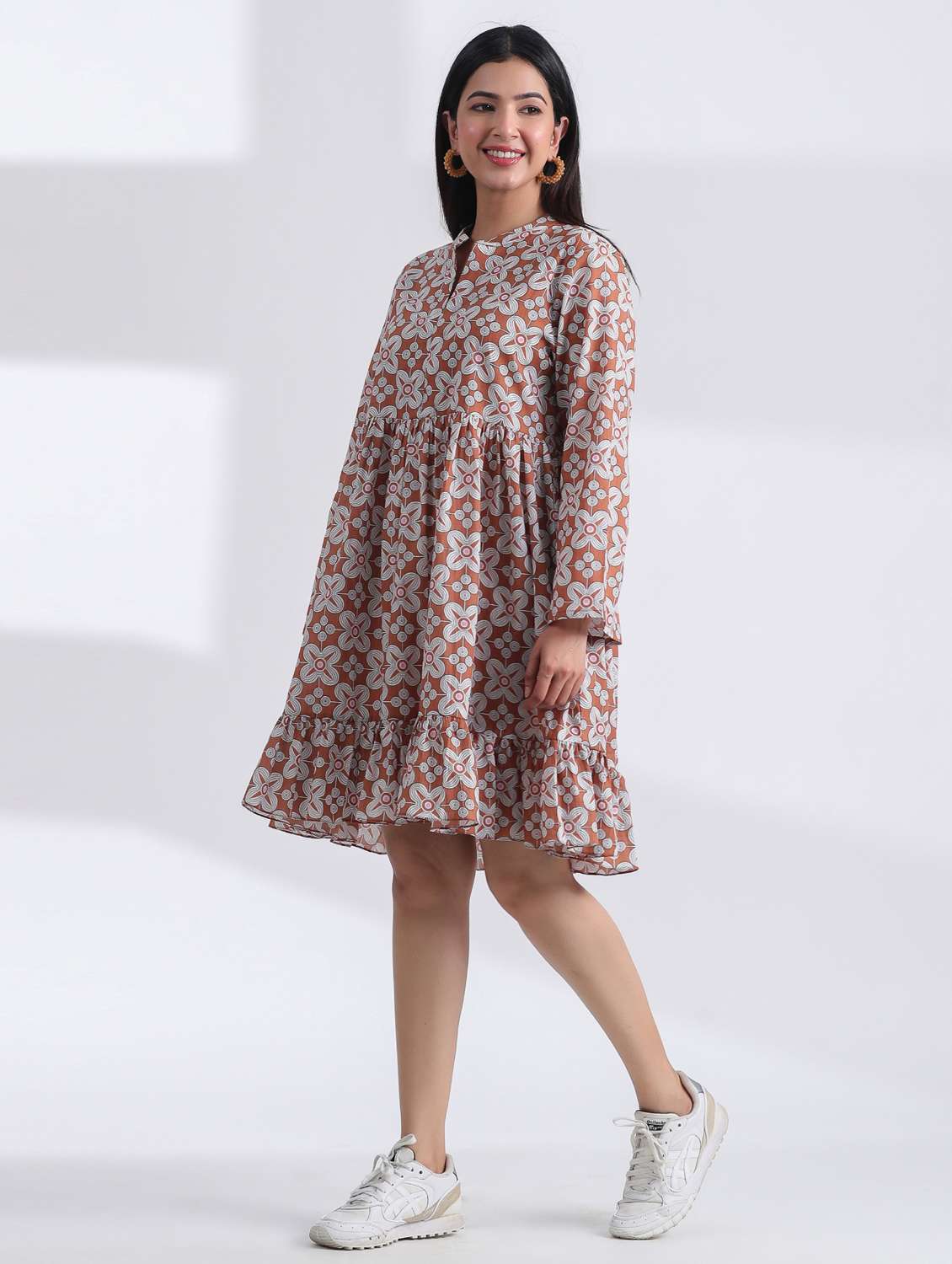women printed long sleeve tiered ethnic dress - 21954642 - Standard Image - 1
