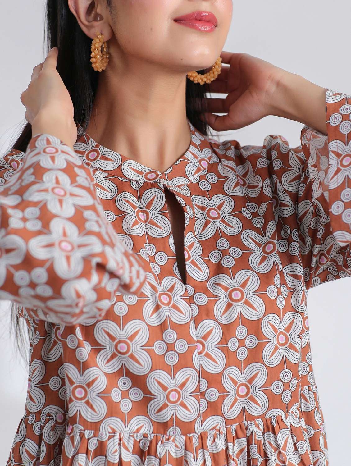 women printed long sleeve tiered ethnic dress - 21954642 - Standard Image - 4