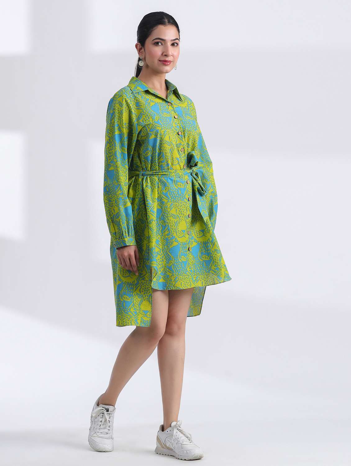 women printed long sleeve high low ethnic dress - 21954643 - Standard Image - 1