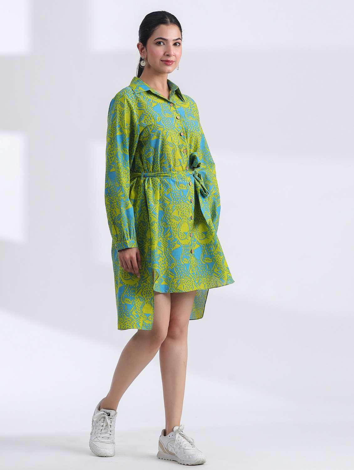 women printed long sleeve high low ethnic dress - 21954644 - Standard Image - 1