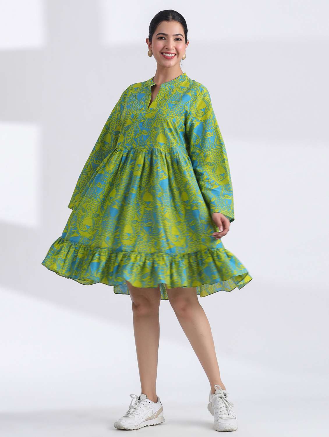 women printed long sleeve tiered ethnic dress - 21954645 - Standard Image - 1
