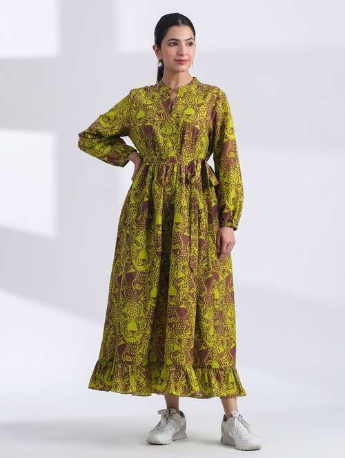 women printed long sleeve tiered ethnic dress - 21954646 - Standard Image - 0