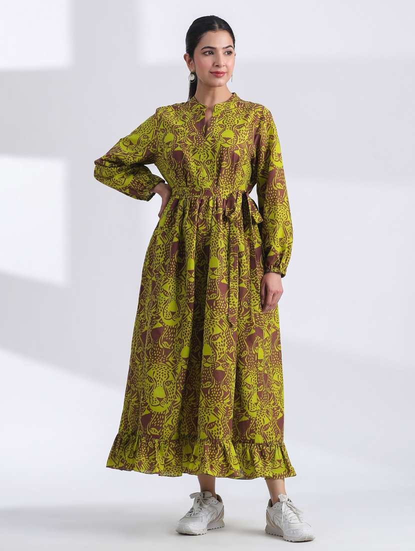 women printed long sleeve tiered ethnic dress - 21954646 - Zoom Image - 0