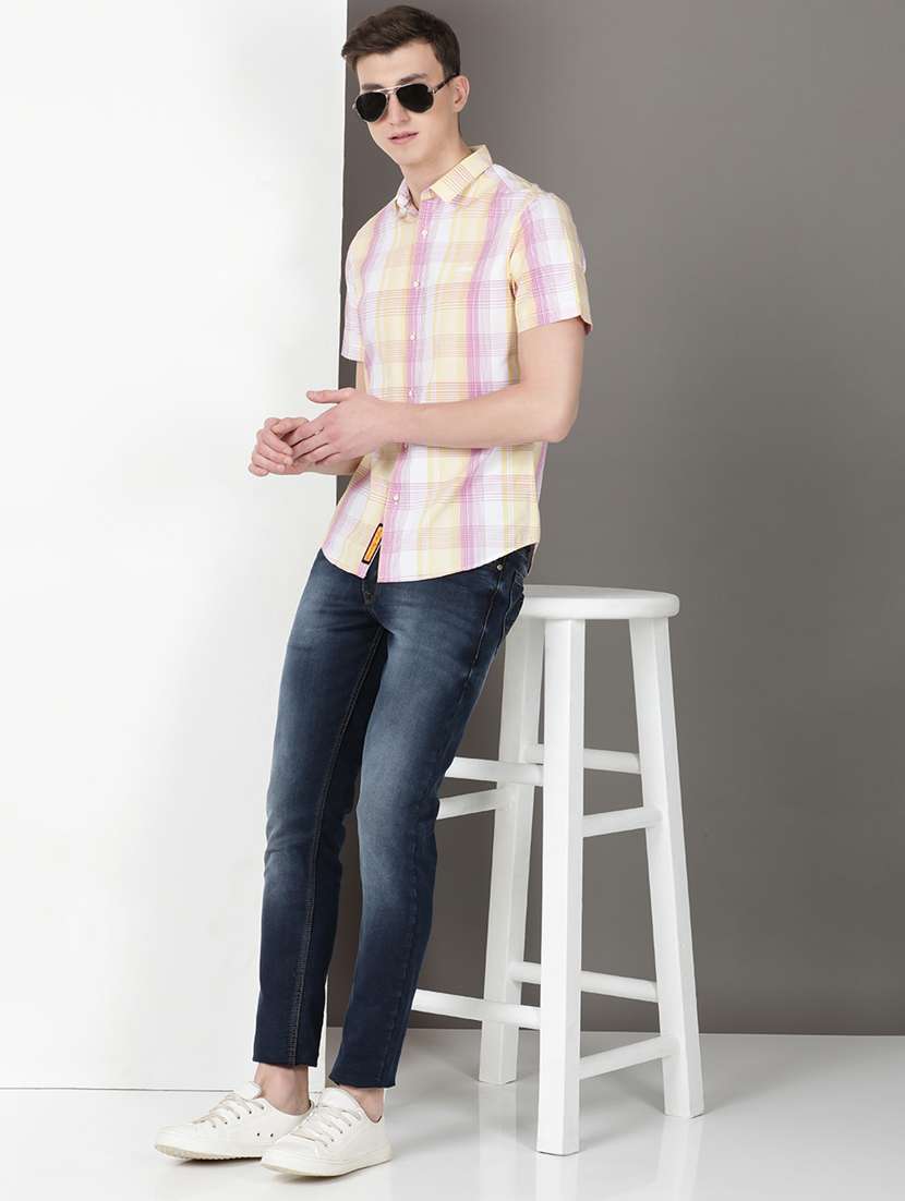 men checkered short sleeve regular fit casual shirt