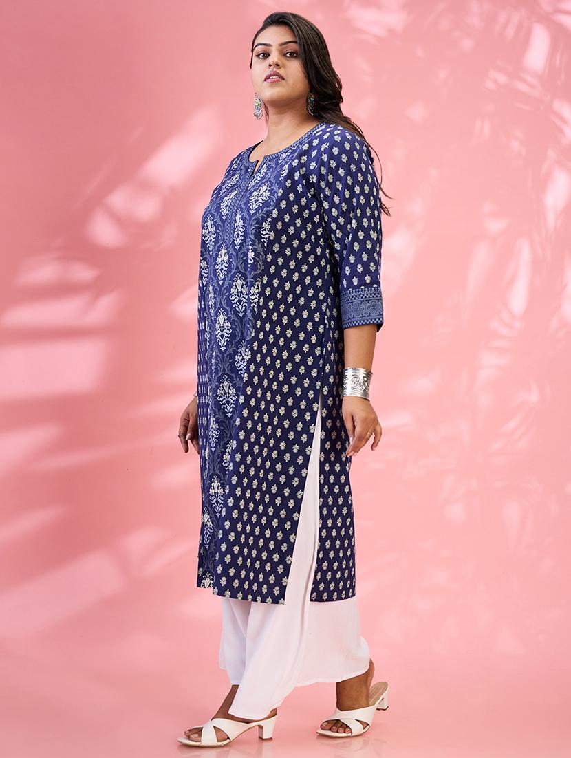 globus gloplus women blue round neck ethnic & floral print panelled straight plus size kurta - 21954878 - Standard Image - 1