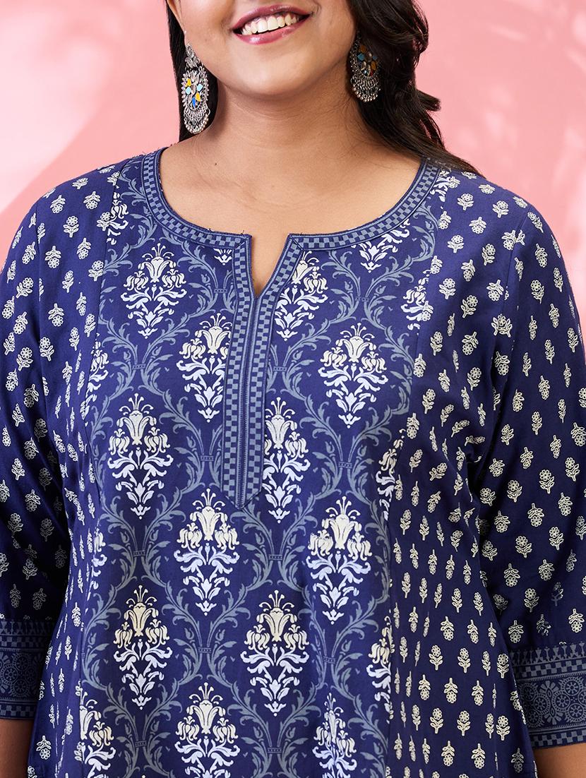 globus gloplus women blue round neck ethnic & floral print panelled straight plus size kurta - 21954878 - Standard Image - 4