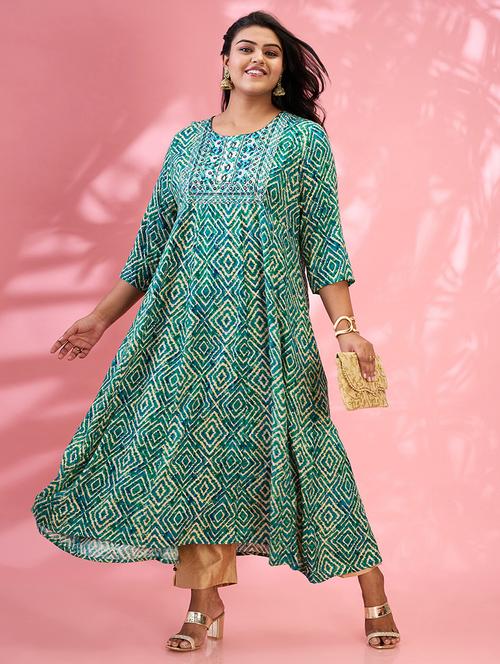 globus gloplus women green round embroidered yoke geometric print flared hem plus size a-line kurta - 21954880 - Standard Image - 0