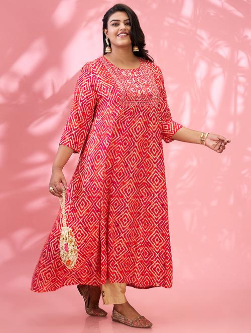globus gloplus women red round embroidered yoke geometric print flared hem plus size a-line kurta - 21954881 - Standard Image - 0
