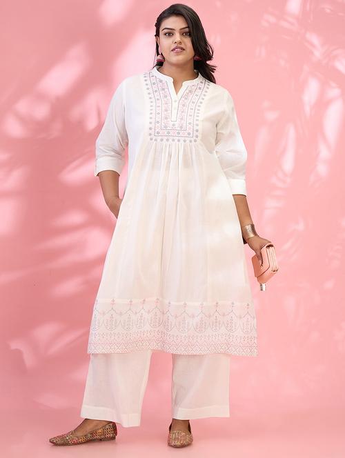 globus gloplus women off white embroidered yoke mandarin collar roll up sleeves pleated plus size a-line kurta with pants set - 21954884 -  Standard Image - 0