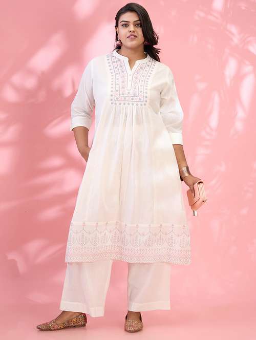 globus gloplus women off white embroidered yoke mandarin collar roll up sleeves pleated plus size a-line kurta with pants set