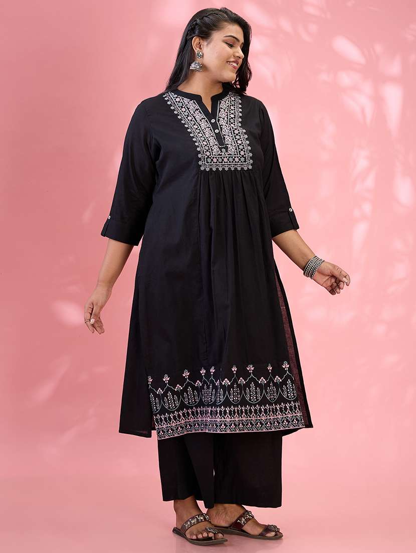 globus gloplus women black embroidered yoke mandarin collar roll up sleeves pleated plus size a-line kurta with pants set - 21954885 -  Standard Image - 1