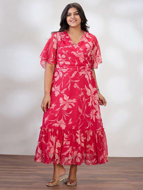 globus gloplus women pink v-neck flared sleeves floral print waist tie-up tiered flared hem plus size a-line maxi dress - 21954886 -  Standard Image - 0