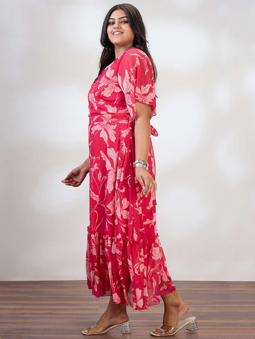 globus gloplus women pink v-neck flared sleeves floral print waist tie-up tiered flared hem plus size a-line maxi dress - 21954886 -  Standard Image - 1