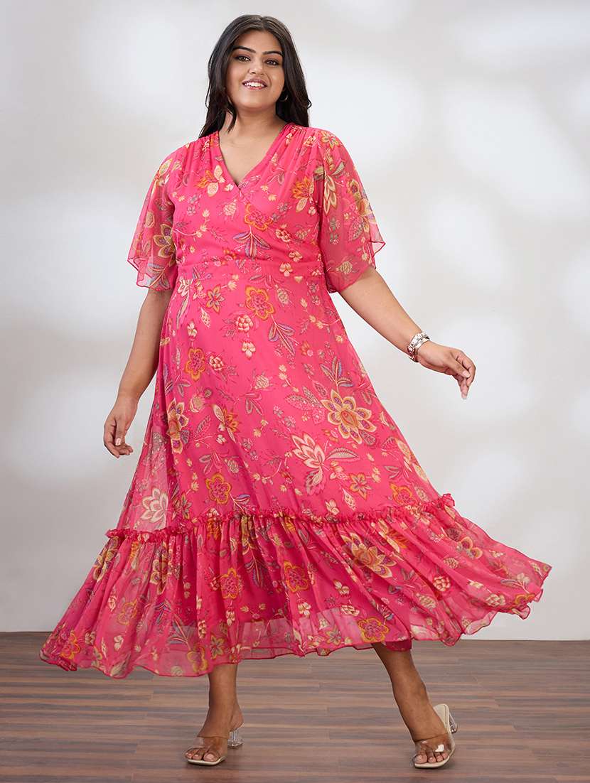 globus gloplus women multi v-neck flared sleeves floral print waist tie-up tiered flared hem plus size a-line maxi dress - 21954887 -  Zoom Image - 0