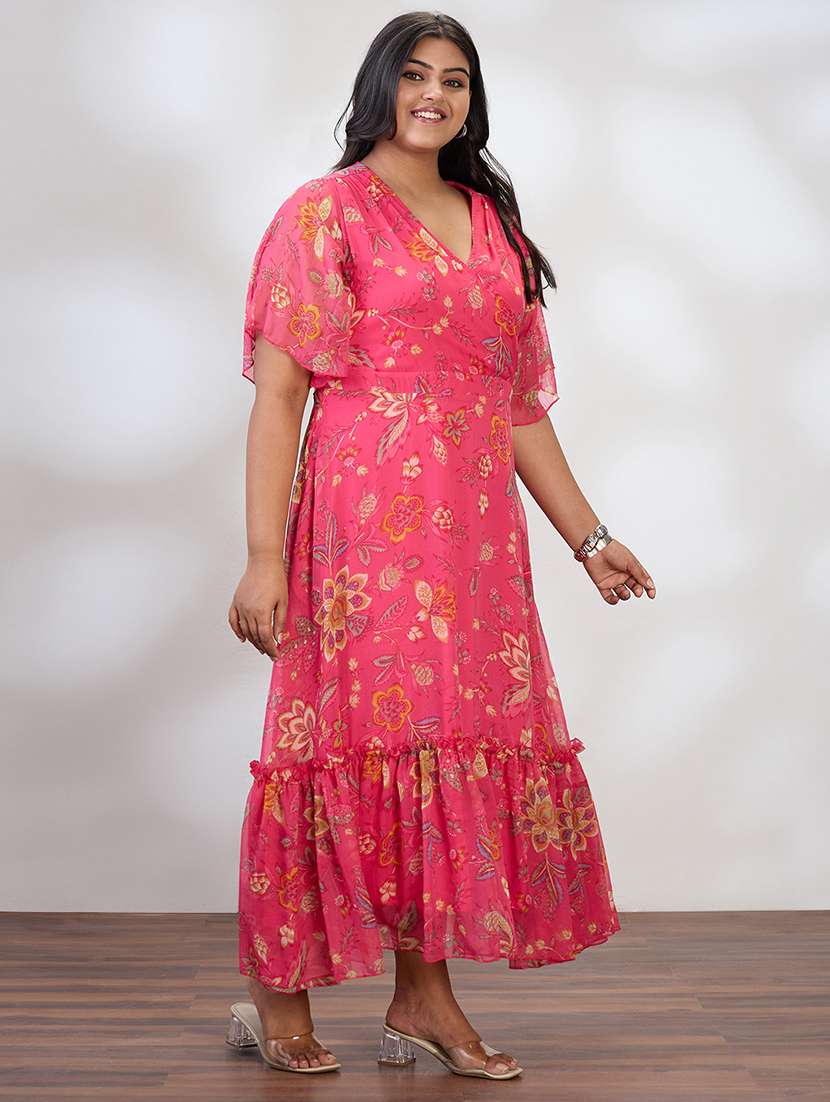 globus gloplus women multi v-neck flared sleeves floral print waist tie-up tiered flared hem plus size a-line maxi dress - 21954887 -  Standard Image - 1
