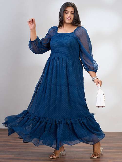 globus gloplus women blue square neck raglan sleeves self design smocked tiered plus size fit & flare maxi dress - 21954889 - Standard Image - 0
