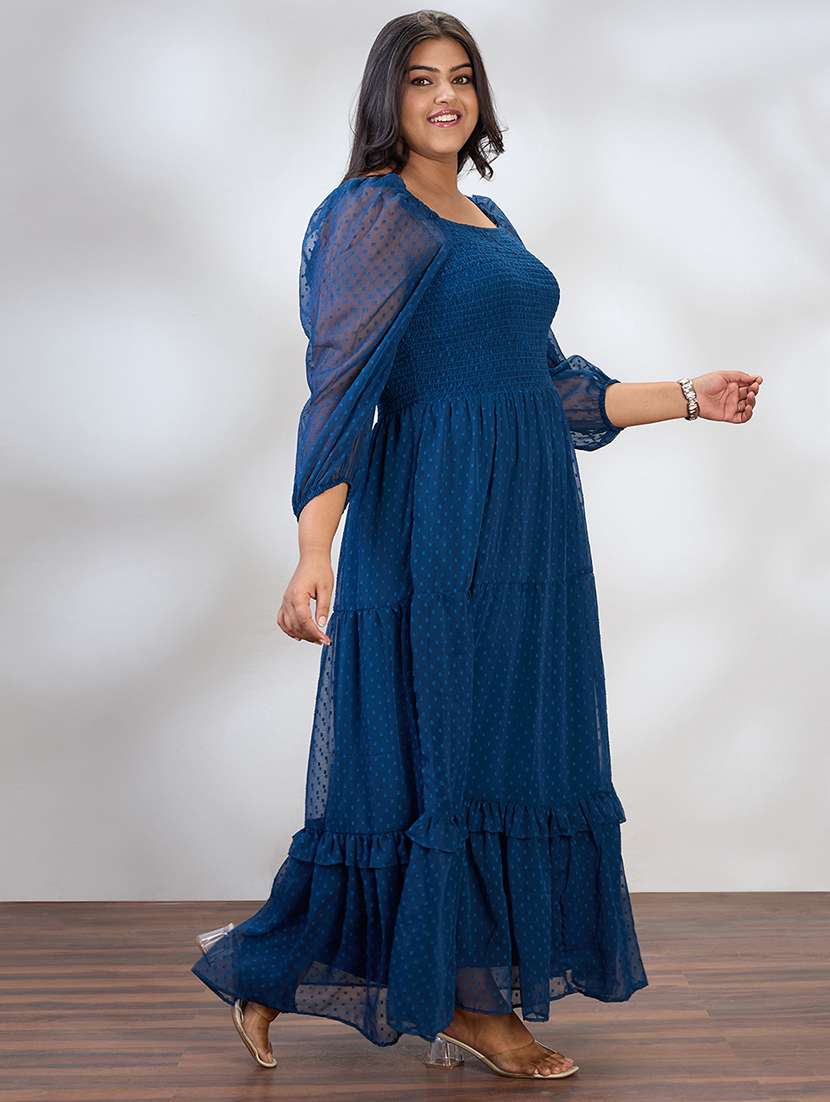 globus gloplus women blue square neck raglan sleeves self design smocked tiered plus size fit & flare maxi dress - 21954889 -  Standard Image - 1