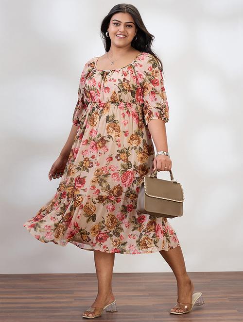 globus gloplus women beige square neck raglan sleeves floral print smocked tiered plus size fit & flare midi dress - 21954890 -  Standard Image - 0
