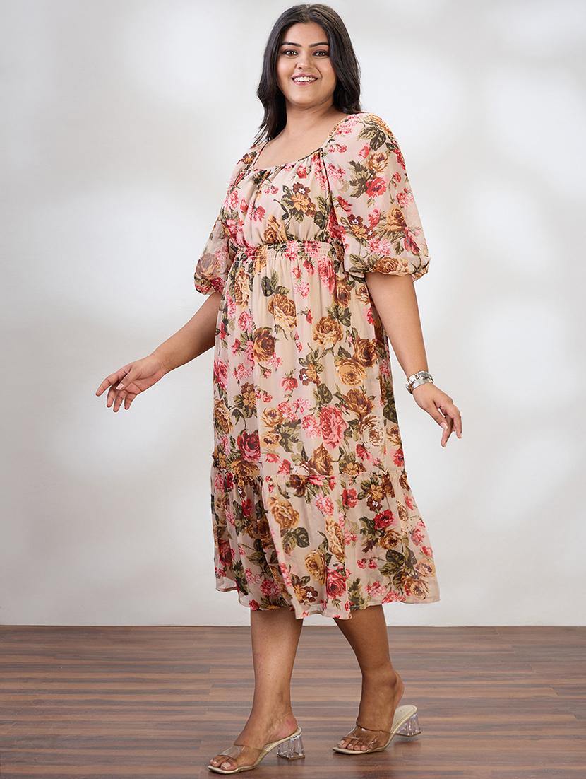 globus gloplus women beige square neck raglan sleeves floral print smocked tiered plus size fit & flare midi dress - 21954890 -  Standard Image - 1