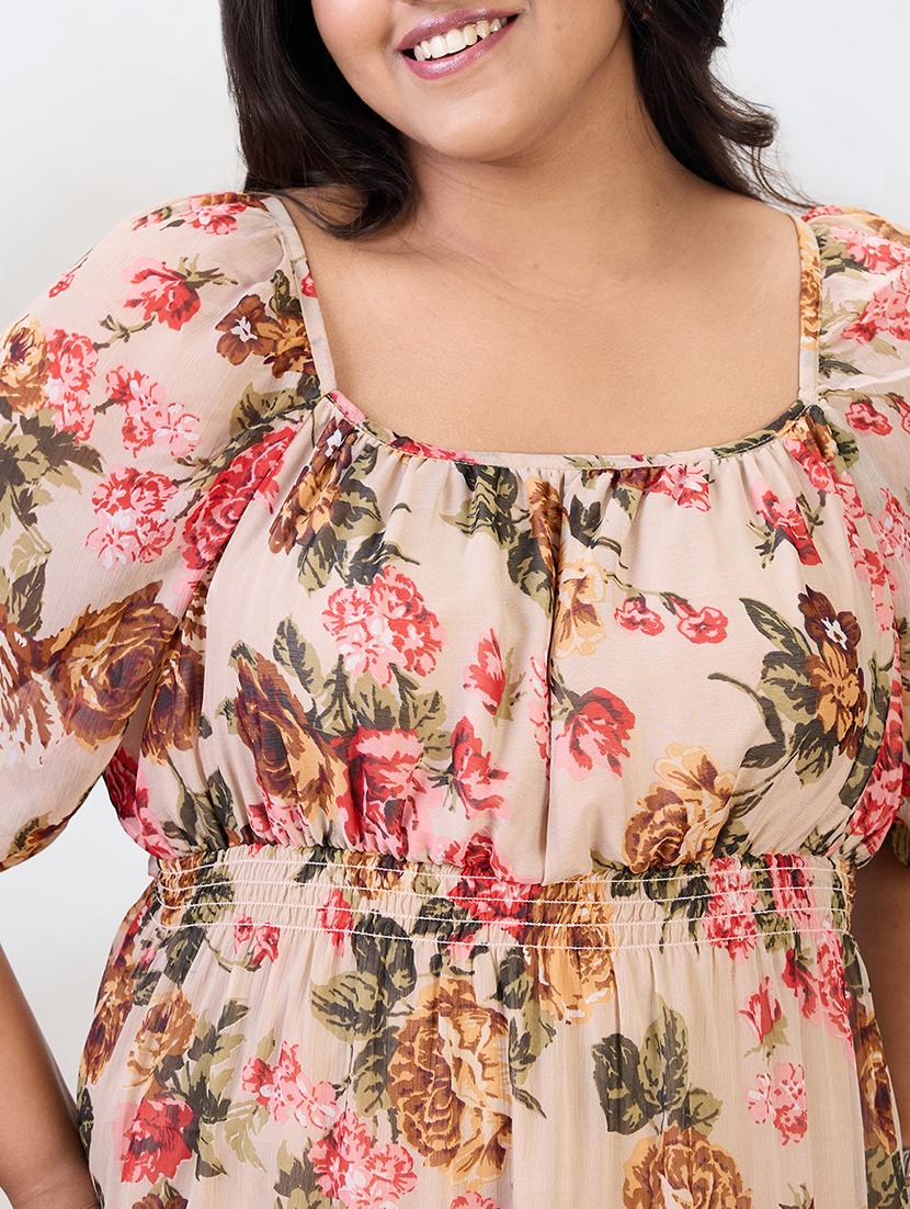globus gloplus women beige square neck raglan sleeves floral print smocked tiered plus size fit & flare midi dress - 21954890 - Standard Image - 4