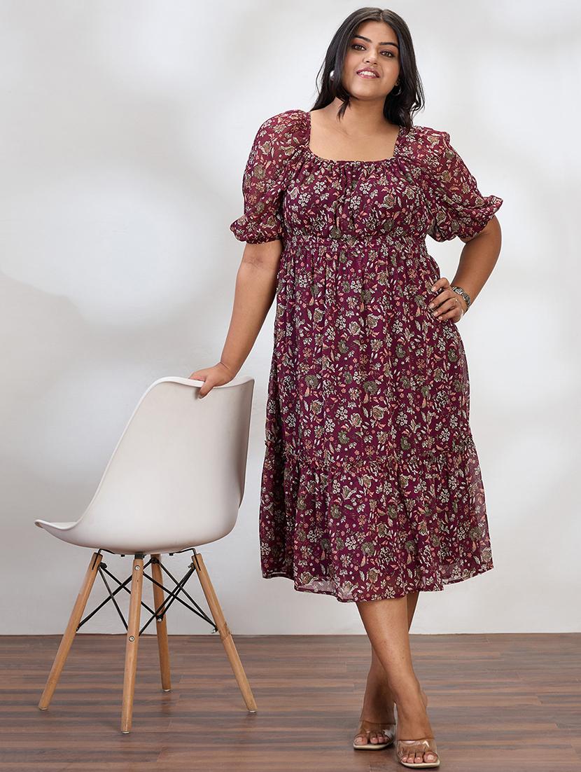globus gloplus women maroon square neck raglan sleeves floral print smocked tiered plus size fit & flare midi dress - 21954891 - Zoom Image - 0