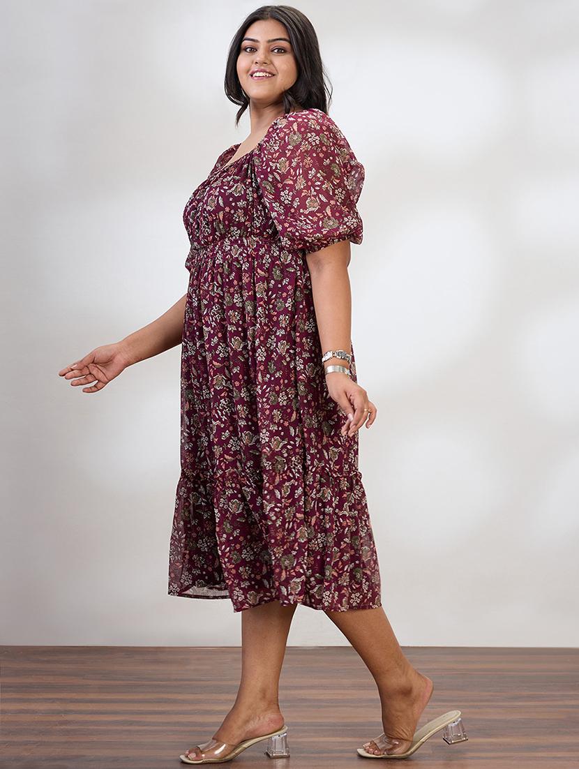 globus gloplus women maroon square neck raglan sleeves floral print smocked tiered plus size fit & flare midi dress - 21954891 - Standard Image - 1