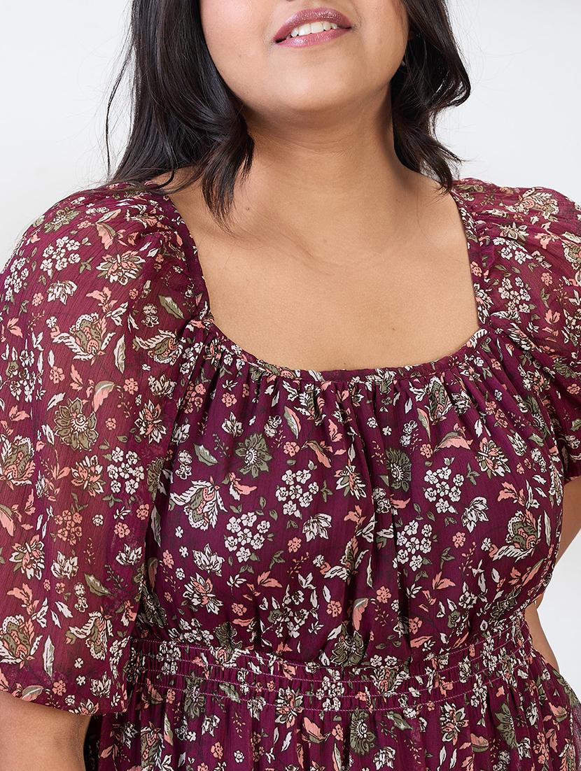 globus gloplus women maroon square neck raglan sleeves floral print smocked tiered plus size fit & flare midi dress - 21954891 - Standard Image - 4