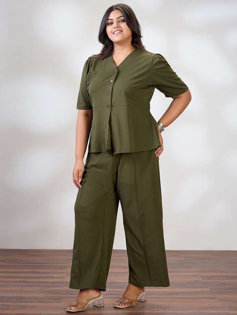 globus gloplus women olive v-neck puff sleeves solid plus size top & trousers workwear co-ord set - 21954895 -  Standard Image - 1