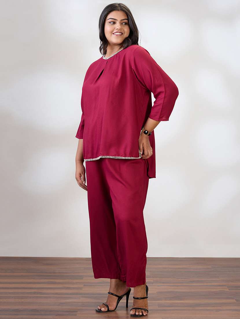 globus gloplus women maroon round neck solid plus size top & trousers co-ord set - 21954897 - Standard Image - 1