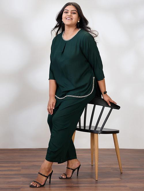 globus gloplus women green round neck solid plus size top & trousers co-ord set - 21954898 -  Standard Image - 0