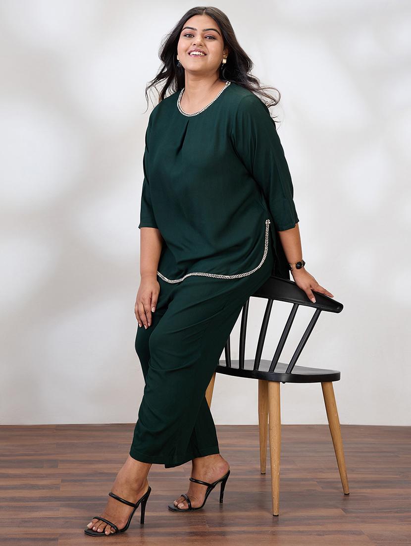 globus gloplus women green round neck solid plus size top & trousers co-ord set - 21954898 -  Zoom Image - 0