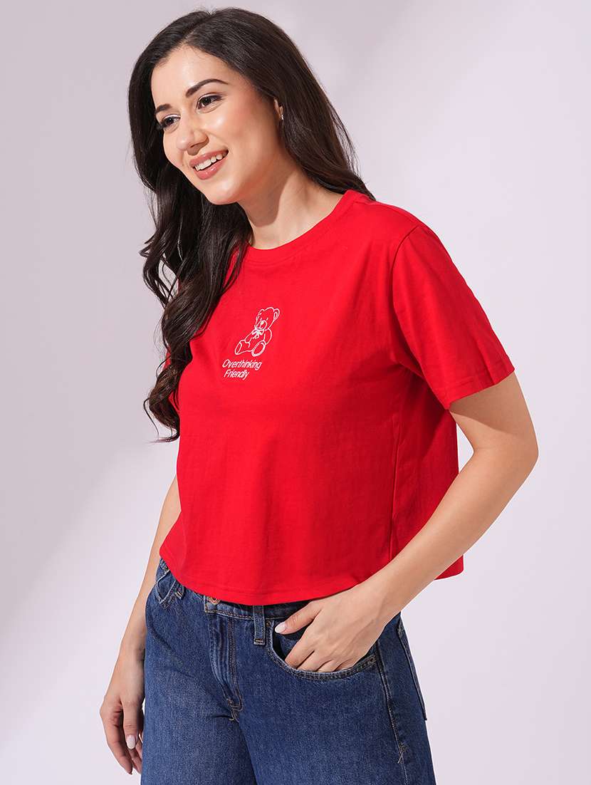 globus women red round neck short sleeves graphic print oversized t-shirt